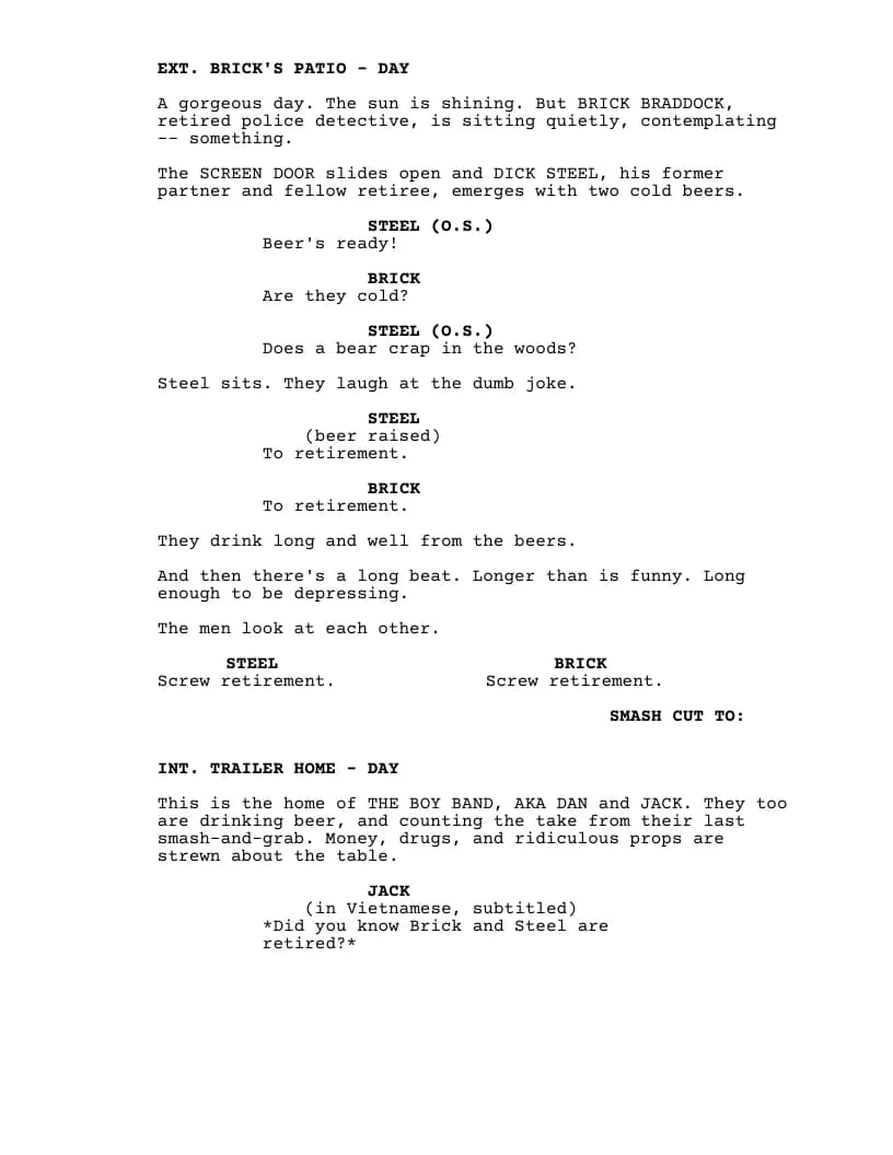 A rendered screenplay page used as a golden image in First Page's test suite