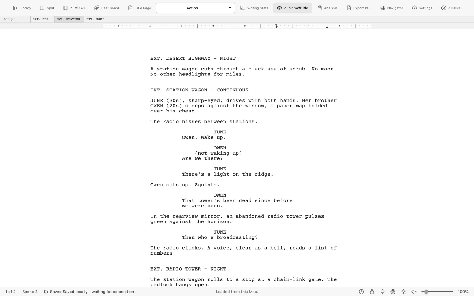 First Page web editor with a formatted screenplay