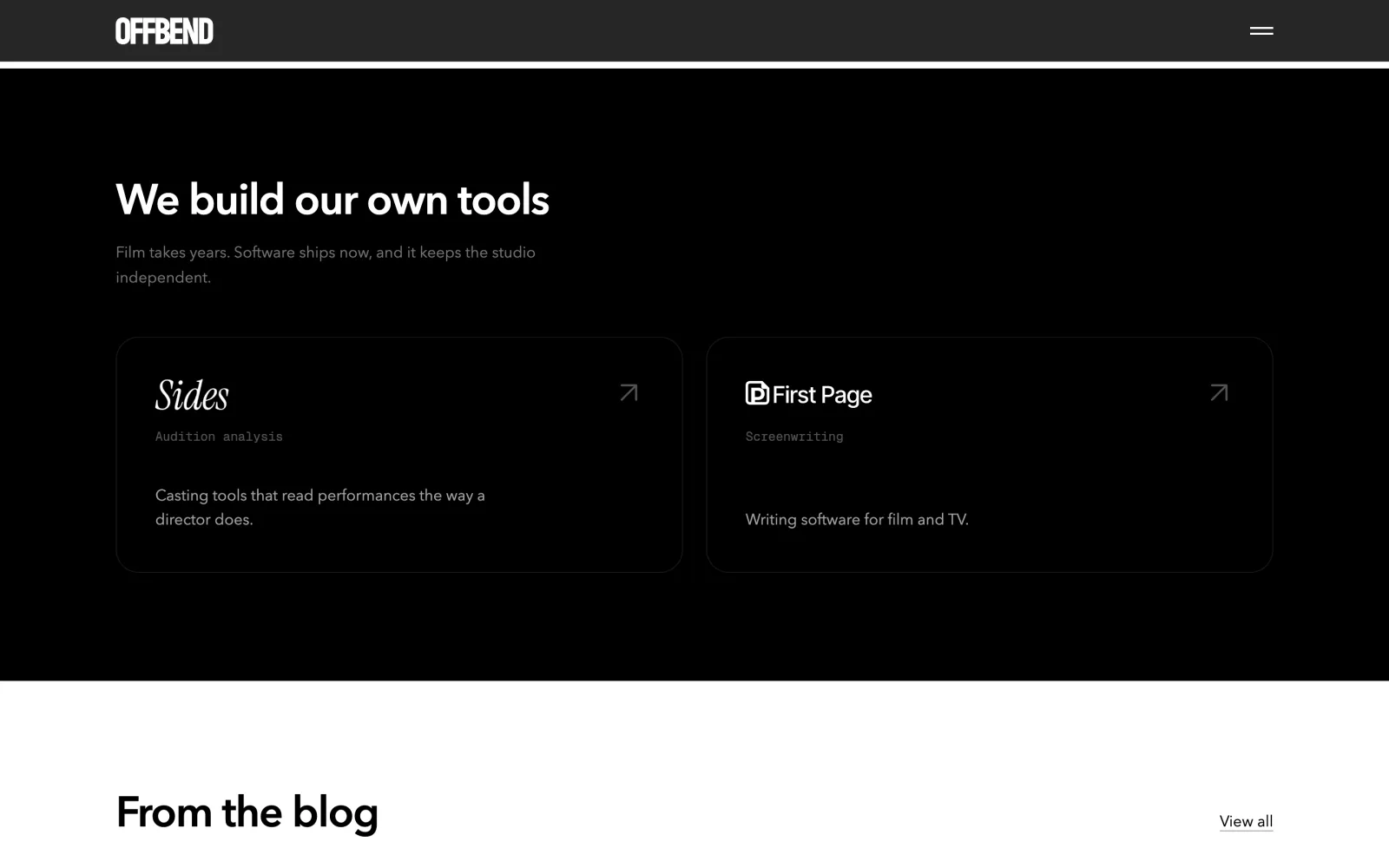 OFFBEND 'We build our own tools' section featuring Sides and First Page